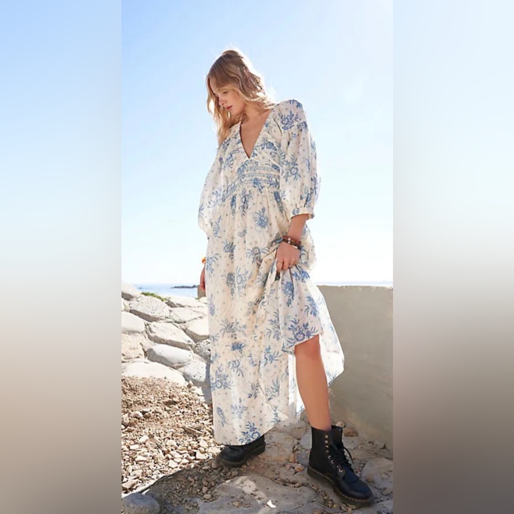 Free People Golden Hour Maxi Dress with Blue and White Pattern (Tea Combo) XS